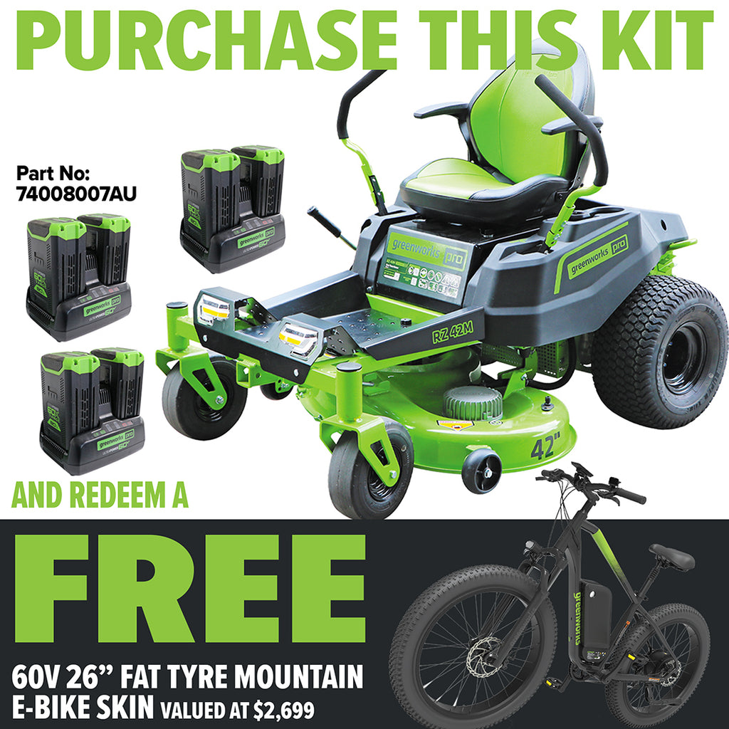 GREENWORKS 60V Pro Electric Zero Turn Mower with 8.0Ah Battery & Dual Rapid Charger Kit - 42" Cut - FREE REDEMPTION KIT