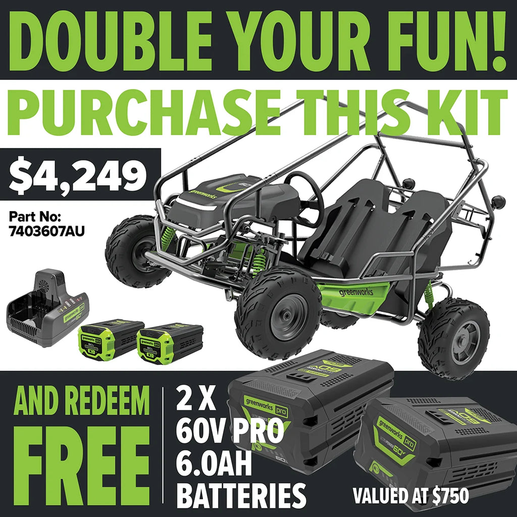 GREENWORKS 60V STEALTH Twin Series All-Terrain 2-Seat Electric Go-Kart 8.0Ah Batteries & Dual Charger Kit - FREE REDEMPTION KIT