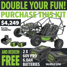 Load image into Gallery viewer, GREENWORKS 60V STEALTH Twin Series All-Terrain 2-Seat Electric Go-Kart 8.0Ah Batteries &amp; Dual Charger Kit - FREE REDEMPTION KIT