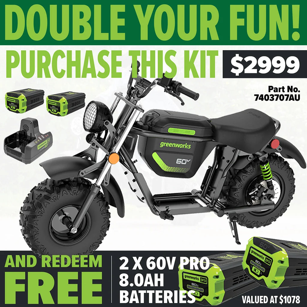 GREENWORKS 60V STEALTH Twin Series Off-Road Electric Mini Bike 8.0Ah Batteries & Dual Charger Kit - FREE REDEMPTION KIT