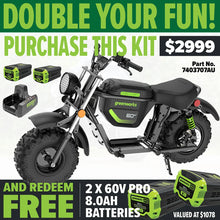 Load image into Gallery viewer, GREENWORKS 60V STEALTH Twin Series Off-Road Electric Mini Bike 8.0Ah Batteries &amp; Dual Charger Kit - FREE REDEMPTION KIT