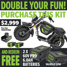 Load image into Gallery viewer, GREENWORKS 60V STEALTH Twin Series Off-Road Electric Mini Bike 8.0Ah Batteries &amp; Dual Charger Kit - FREE REDEMPTION KIT