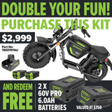 GREENWORKS 60V STEALTH Twin Series Off-Road Electric Mini Bike 8.0Ah Batteries & Dual Charger Kit - FREE REDEMPTION KIT