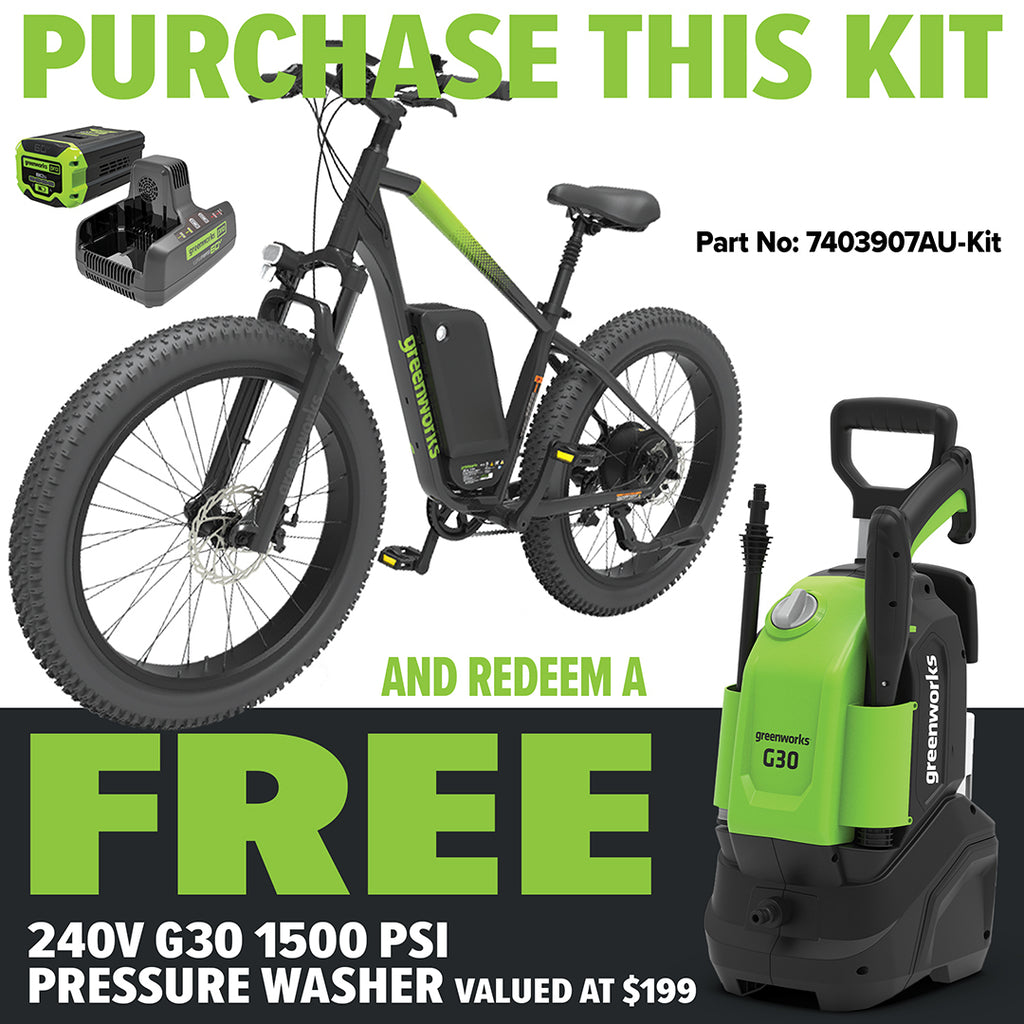 GREENWORKS 60V Venture Series 26" Fat Tyre Mountain E-Bike 8.0Ah Battery & Dual Fast Charger Kit - FREE REDEMPTION KIT