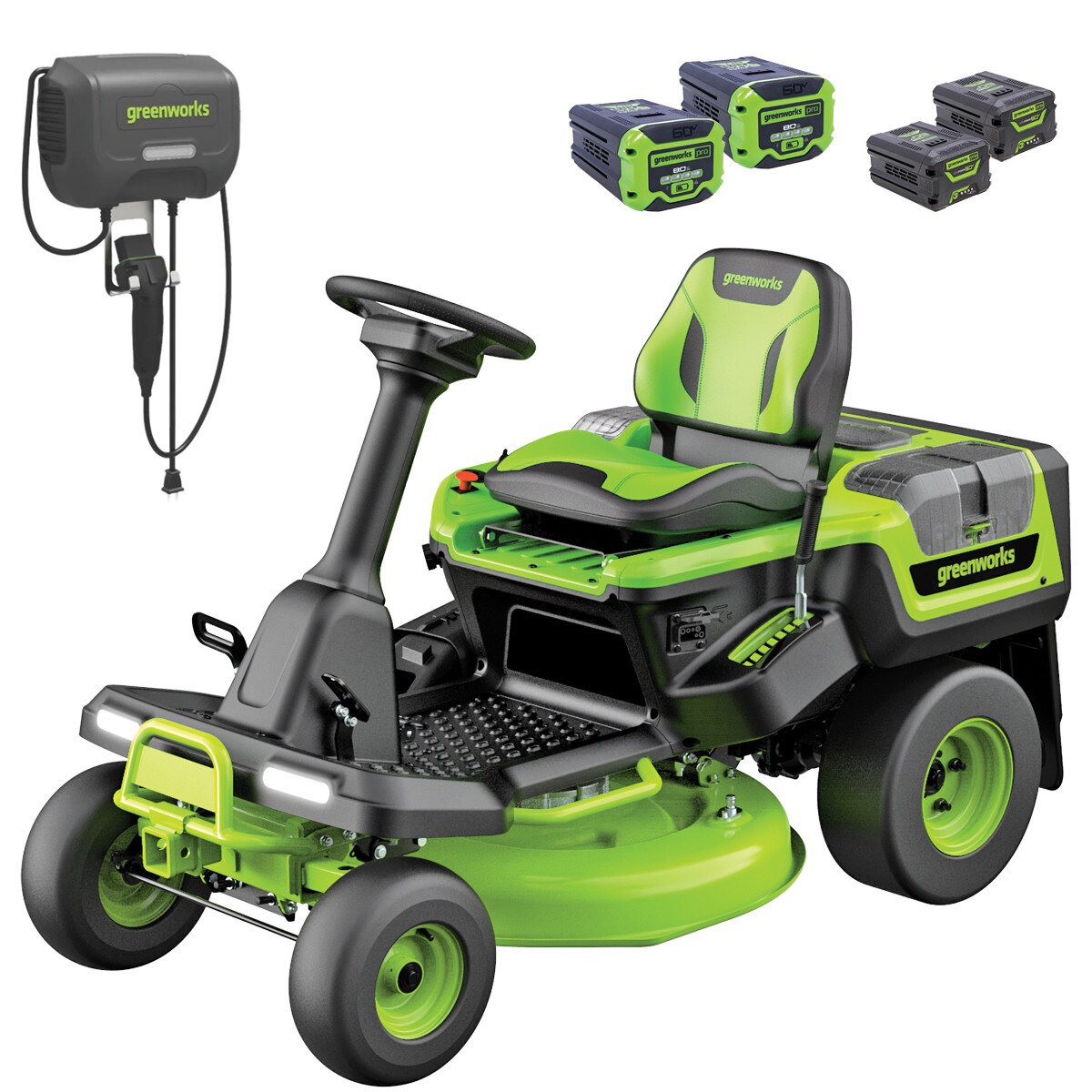 GREENWORKS 60V Lawn Tractor Rear Catcher Electric Riding Mower with 2x 4.0Ah/ 2x 8.0Ah Batteries & Wall-Mounted Rapid Charger Kit - 30