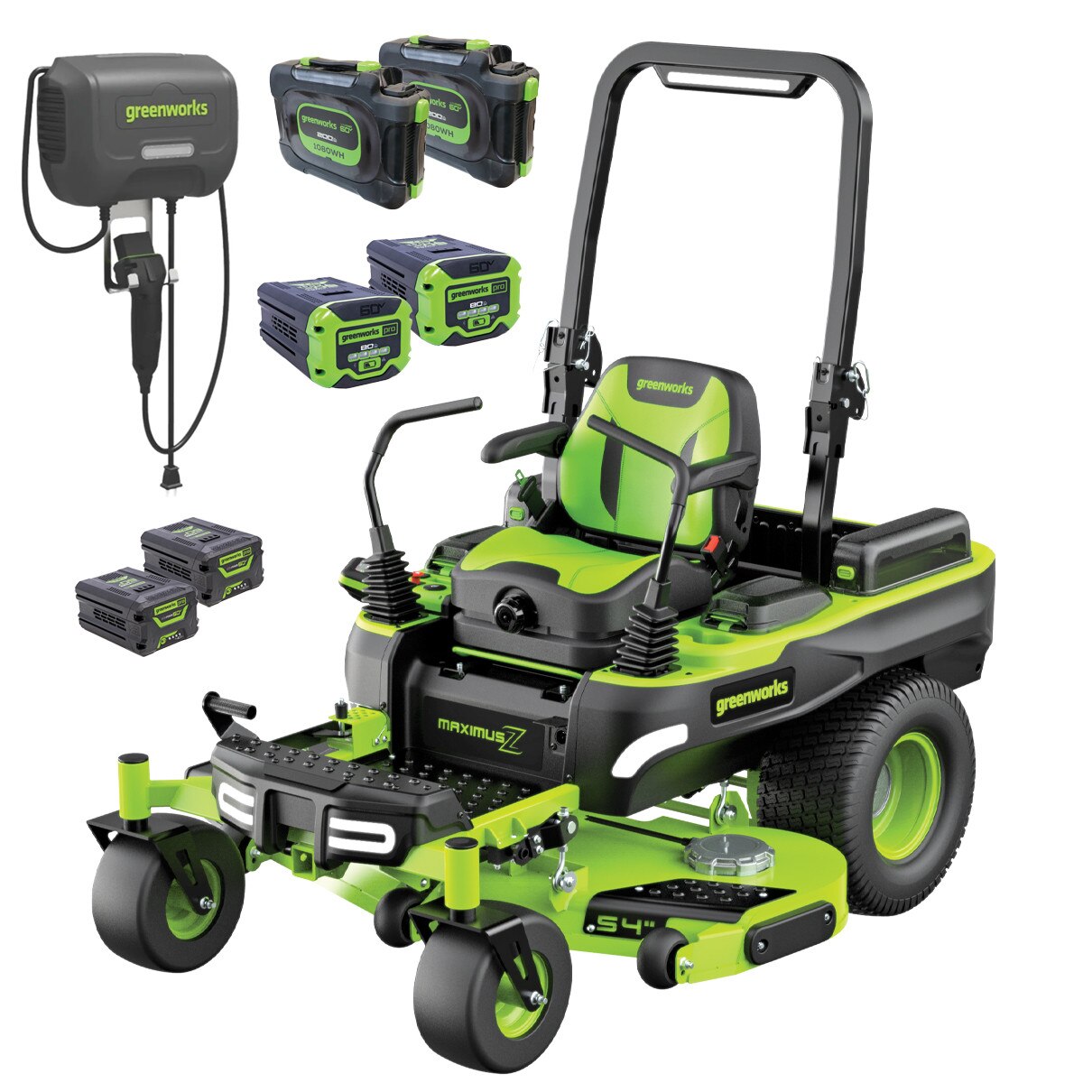 GREENWORKS 60V MaximusZ Zero Turn Electric Riding Mower with 20.0Ah Battery & Wall-Mounted Rapid Charger Kit - 54