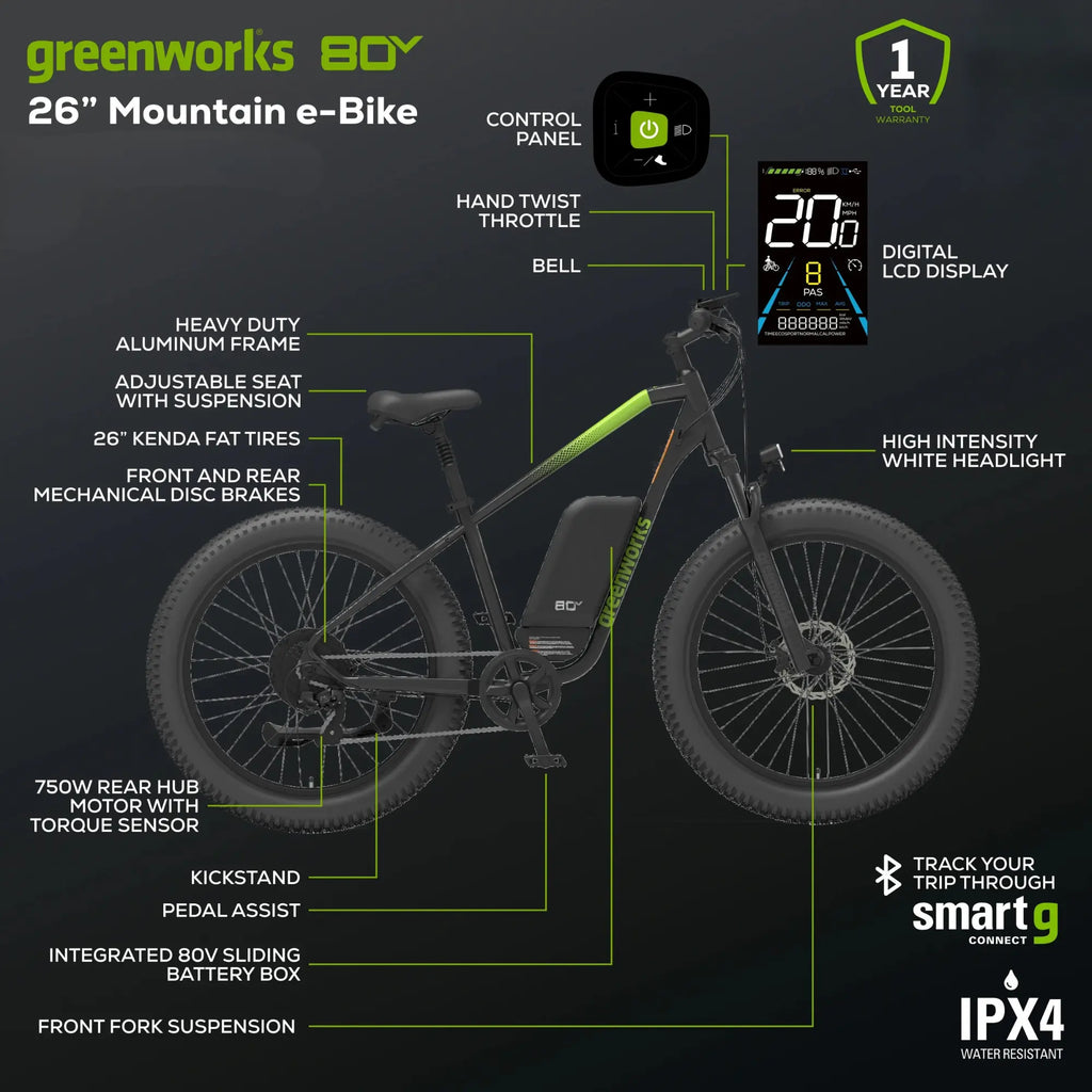 GREENWORKS 60V Venture Series 26" Fat Tyre Mountain E-Bike 8.0Ah Battery & Fast Charger Kit 7403907AU