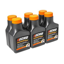 Six bottles of Echo Power Blend Gold engine oil on a white background