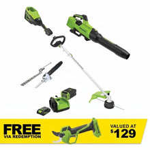 Load image into Gallery viewer, GREENWORKS 60V Pro Brushless String Trimmer, Axial Blower, Hedge Trimmer/Pole Saw Attachment 4.0Ah/24V 2.0Ah Battery &amp; Fast Charger Multi-Tool Value Kit CKM041A1 - FREE REDEMPTION KIT