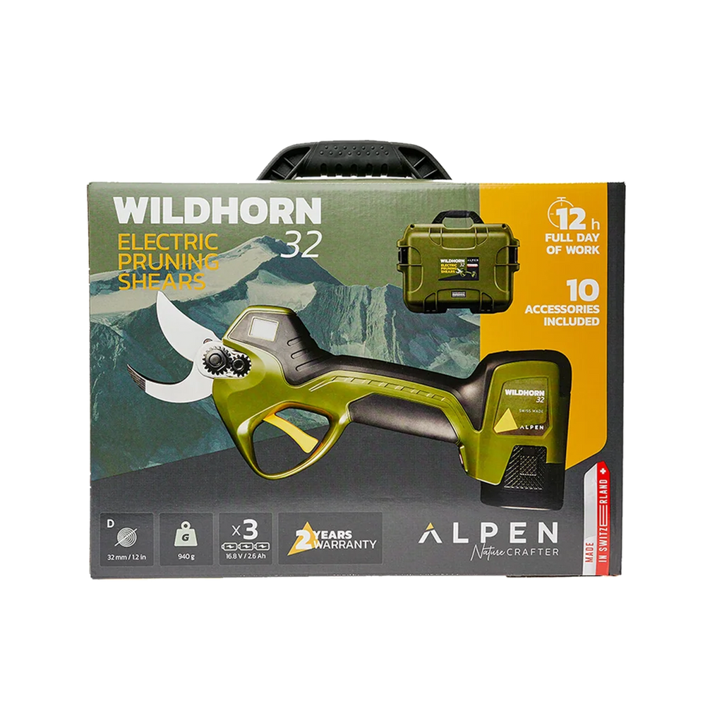 Alpen Wildhorn 32 Professional Electric Pruner Shear Secateurs 3x Battery, Maintenance & Storage Kit