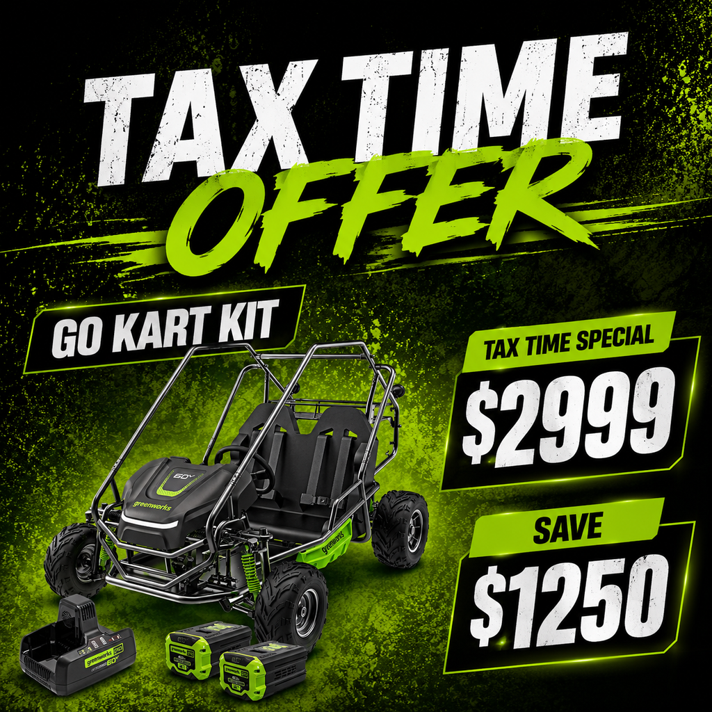 GREENWORKS 60V STEALTH Twin Series All-Terrain 2-Seat Electric Go-Kart 8.0Ah Batteries & Dual Charger Kit 7403607AU - FREE REDEMPTION KIT