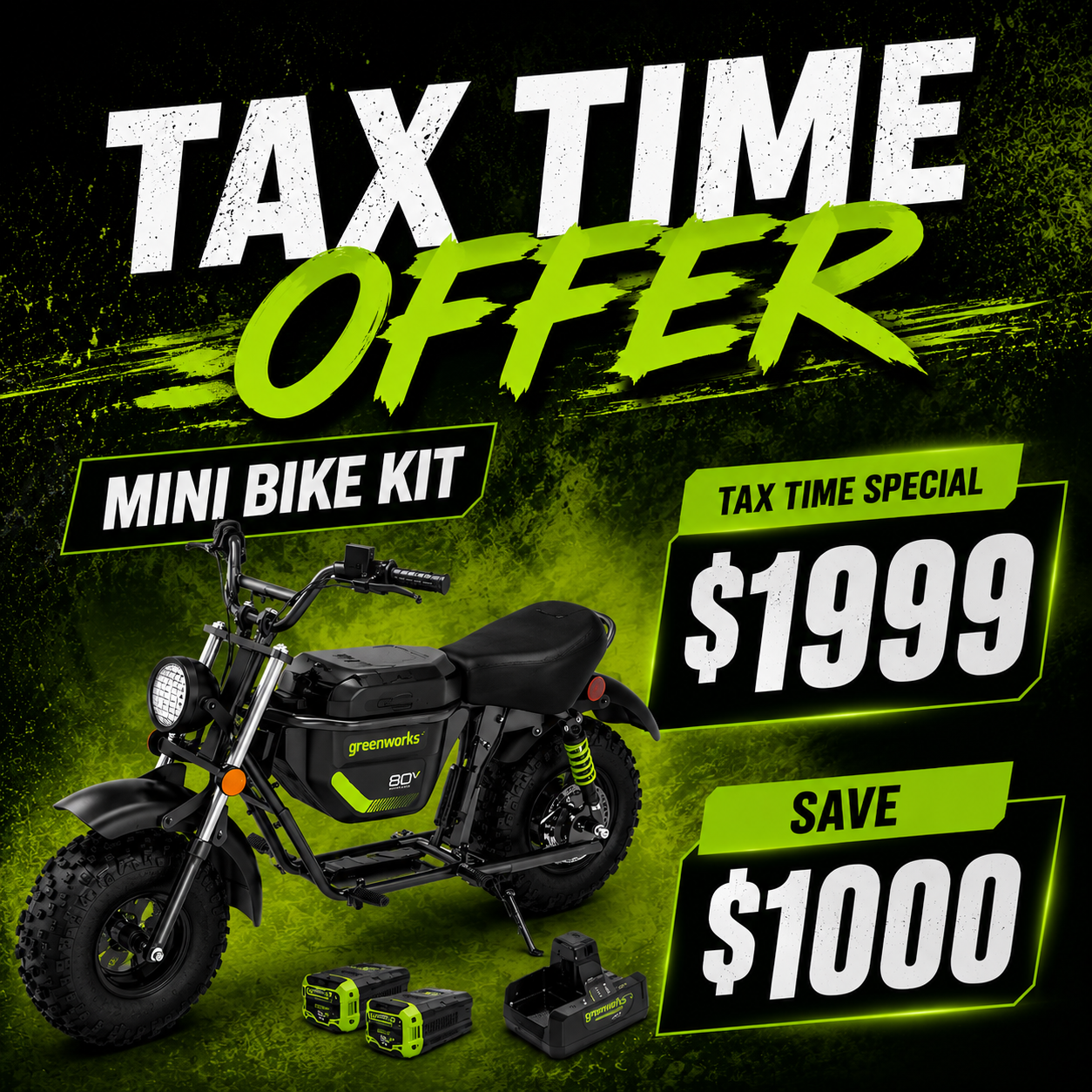 GREENWORKS 60V STEALTH Twin Series Off-Road Electric Mini Bike 8.0Ah Batteries & Dual Charger Kit 7403707AU - FREE REDEMPTION KIT