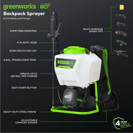 GREENWORKS 60V Pro 70 PSI Backpack 15L Sprayer, 2.0Ah Battery and Fast Charger Kit 5202307AU-Kit