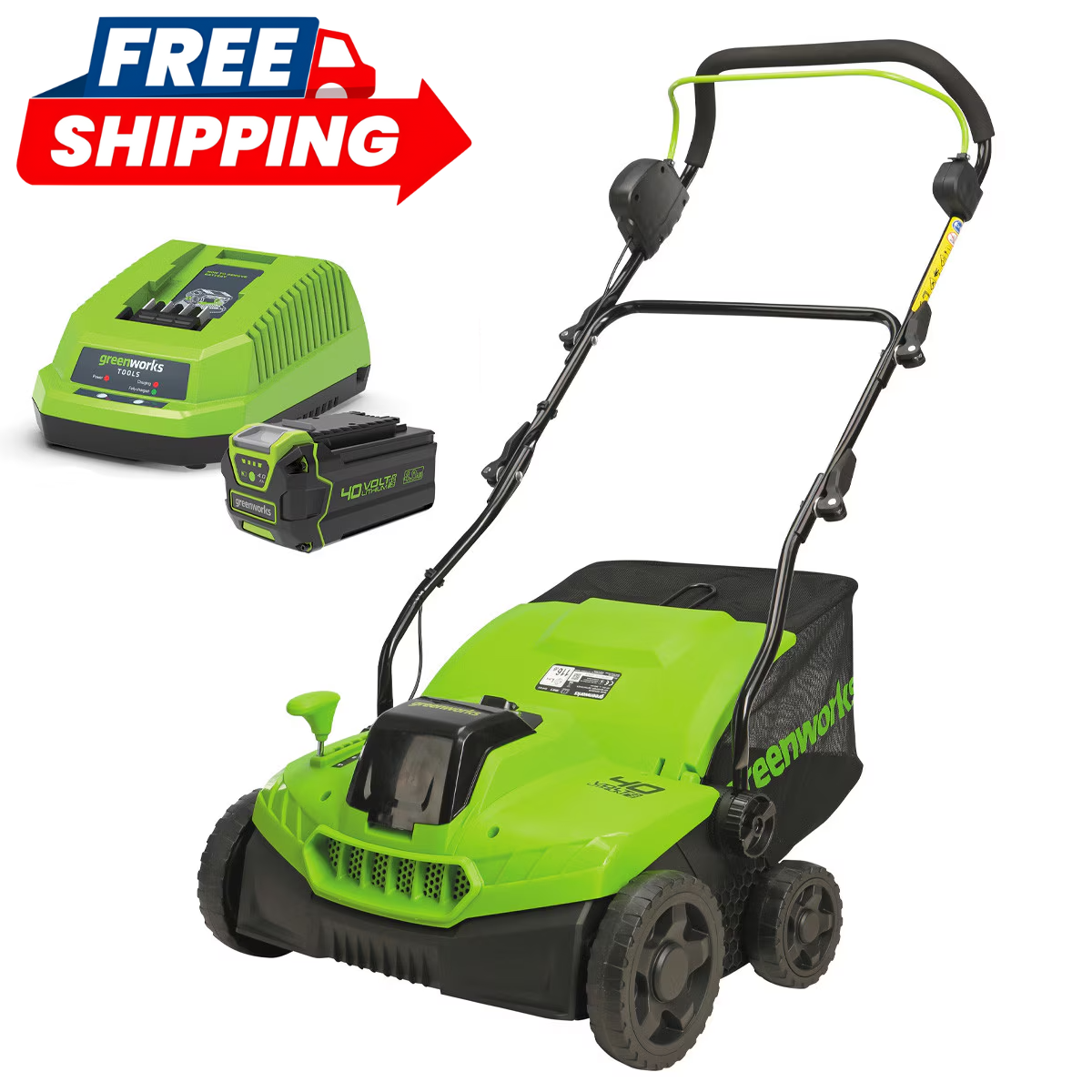 GREENWORKS 40V Brushless Lawn Dethatcher Scarifier 4.0Ah Battery & Charger Kit 2518007AU