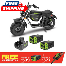 GREENWORKS 60V STEALTH Twin Series Off-Road Electric Mini Bike 8.0Ah Batteries & Dual Charger Kit 7403707AU - FREE REDEMPTION KIT