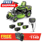 GREENWORKS 60V Lawn Tractor Rear Catcher Electric Riding Mower with 2x4.0Ah/2x8.0Ah Batteries & Wall-Mounted Rapid Charger Kit - 30