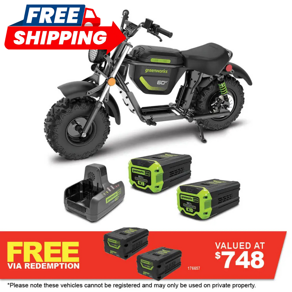 GREENWORKS 60V STEALTH Twin Series Off-Road Electric Mini Bike 8.0Ah Batteries & Dual Charger Kit 7403707AU - FREE REDEMPTION KIT
