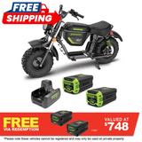 GREENWORKS 60V STEALTH Twin Series Off-Road Electric Mini Bike 8.0Ah Batteries & Dual Charger Kit 7403707AU - FREE REDEMPTION KIT