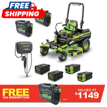 Load image into Gallery viewer, GREENWORKS 60V MaximusZ Zero Turn Electric Riding Mower with 20.0Ah Battery &amp; Wall-Mounted Rapid Charger Kit - 54&quot; Cut 7405007AU - FREE REDEMPTION KIT