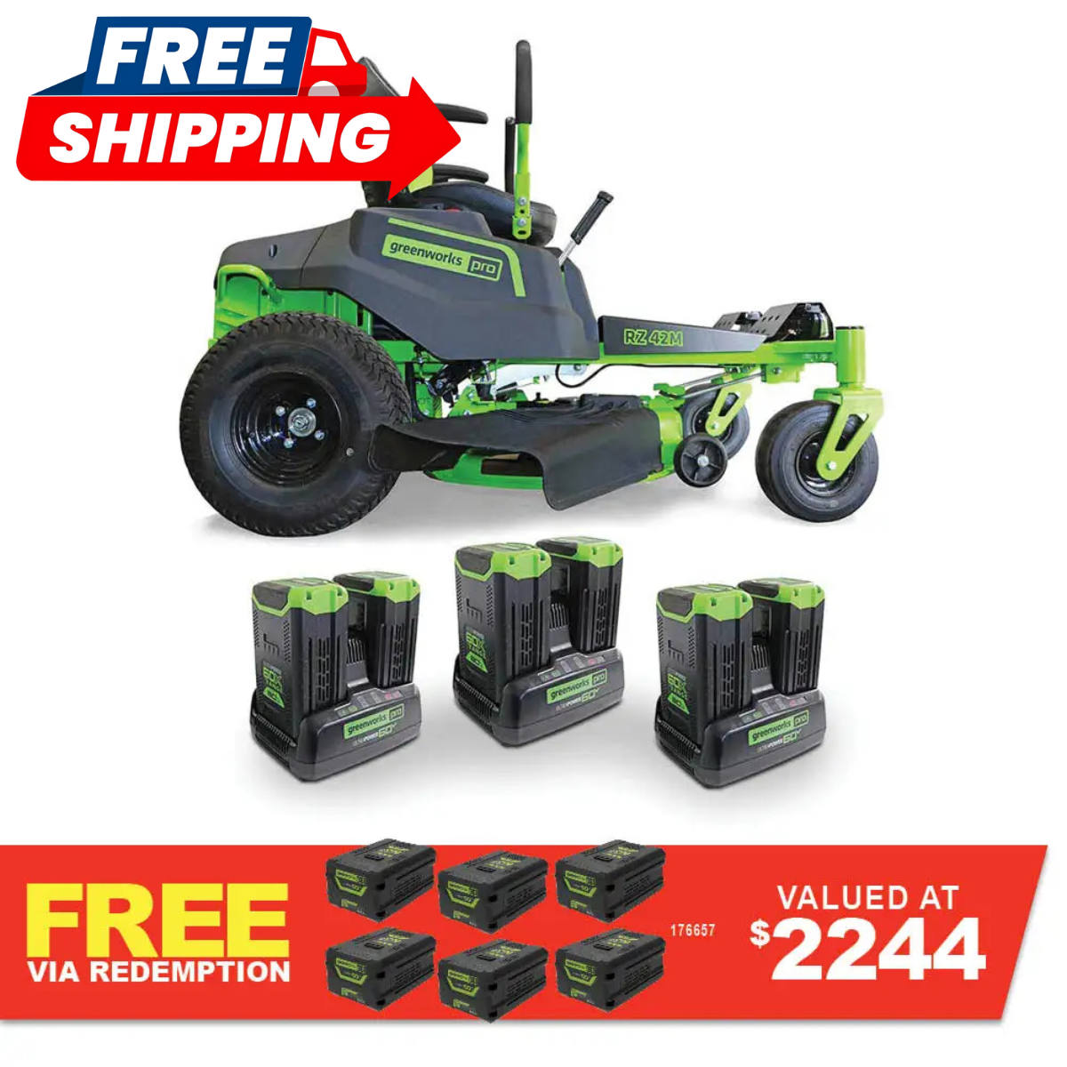 GREENWORKS 60V Pro Electric Zero Turn Mower with 8.0Ah Battery & Dual Rapid Charger Kit - 42