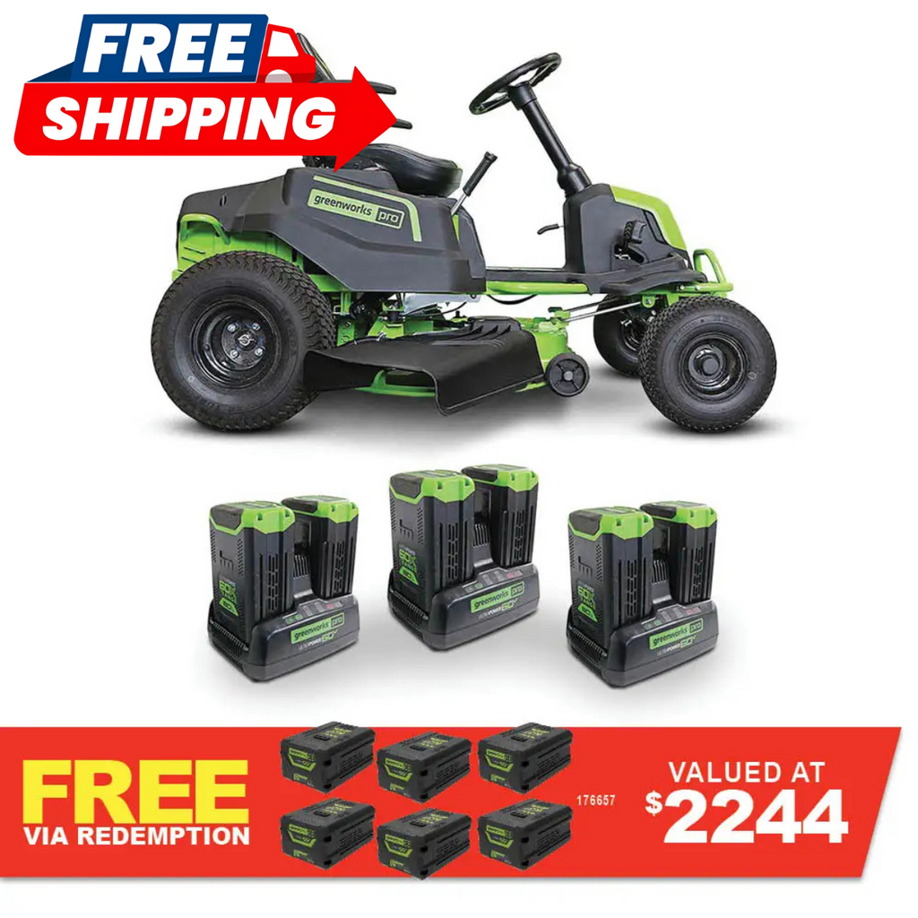 GREENWORKS 60V Pro Electric Ride-on Lawnmower with 8.0Ah Battery & Dual Rapid Charger Kit - 42" Cut 7400707AU - FREE REDEMPTION KIT