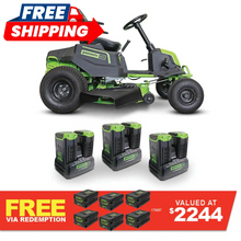 Load image into Gallery viewer, GREENWORKS 60V Pro Electric Ride-on Lawnmower with 8.0Ah Battery &amp; Dual Rapid Charger Kit - 42&quot; Cut 7400707AU - FREE REDEMPTION KIT