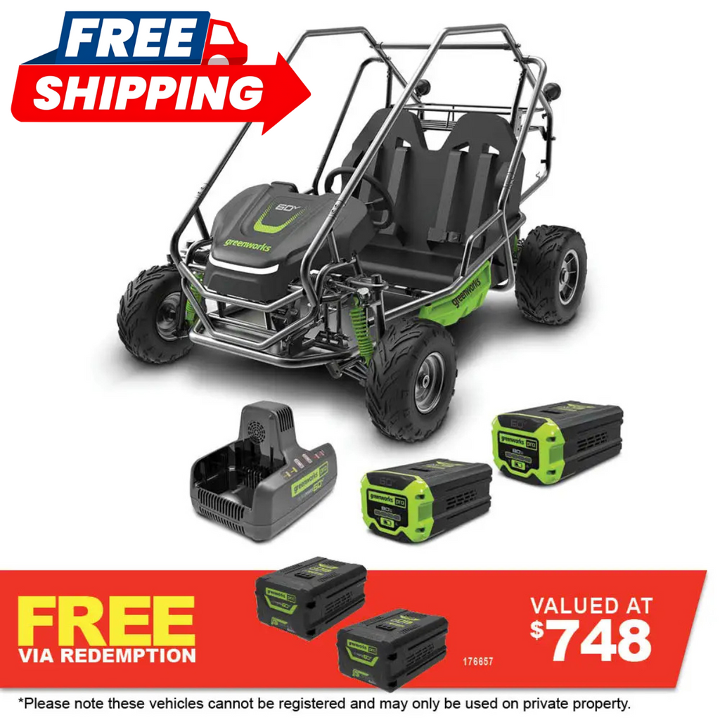 GREENWORKS 60V STEALTH Twin Series All-Terrain 2-Seat Electric Go-Kart 8.0Ah Batteries & Dual Charger Kit 7403607AU - FREE REDEMPTION KIT