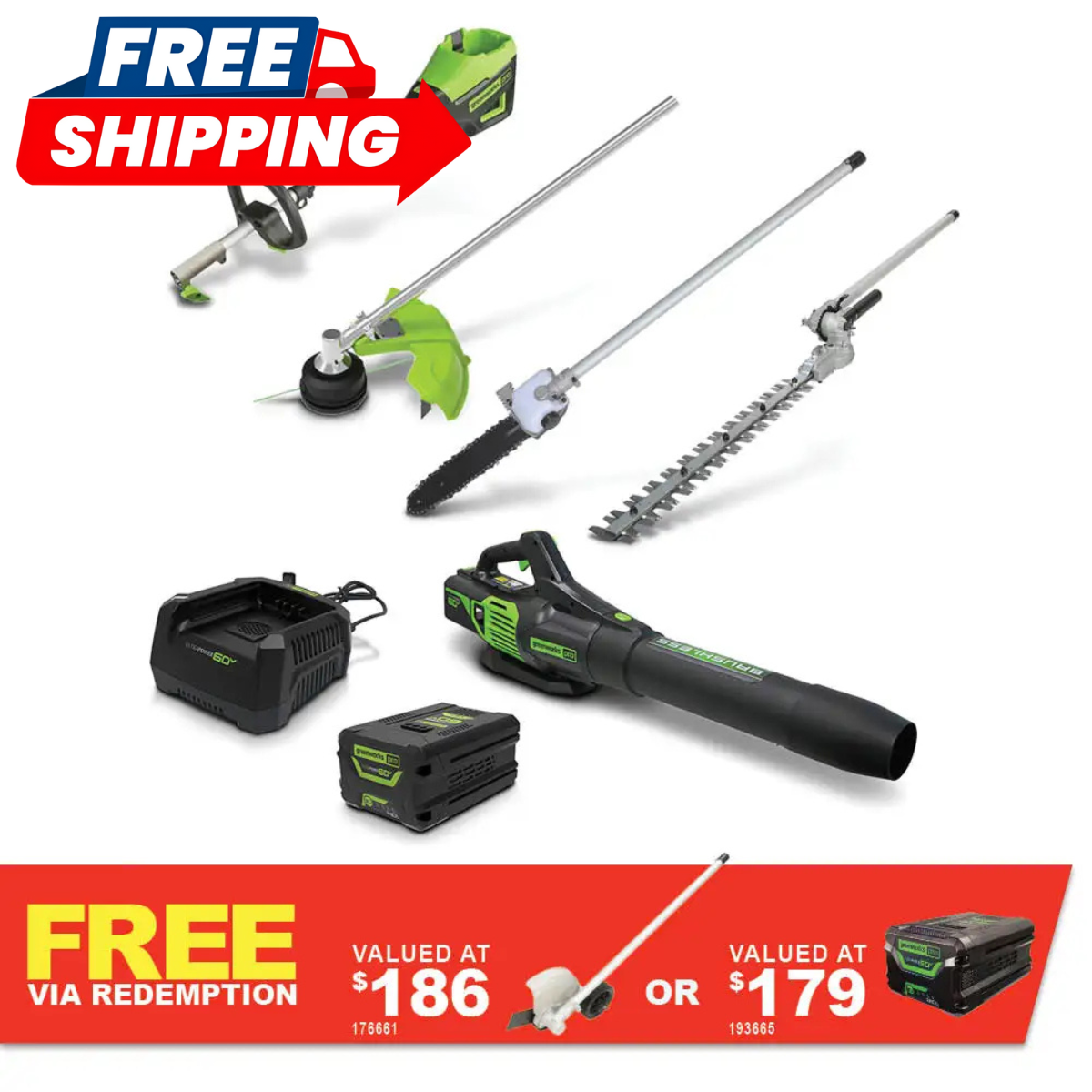 GREENWORKS 60V Pro Straight Shaft String Trimmer Skin, Axial Blower, Hedge Trimmer/Pole Saw Attachment 4.0Ah Battery & Charger Kit 1305707AU - FREE REDEMPTION KIT