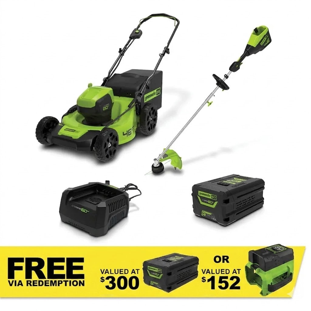 GREENWORKS 60V Pro Brushless Lawnmower 46cm (18”), Multi-tool String Trimmer, 4.0Ah Battery & Charger Kit 1305907AU - FREE REDEMPTION KIT