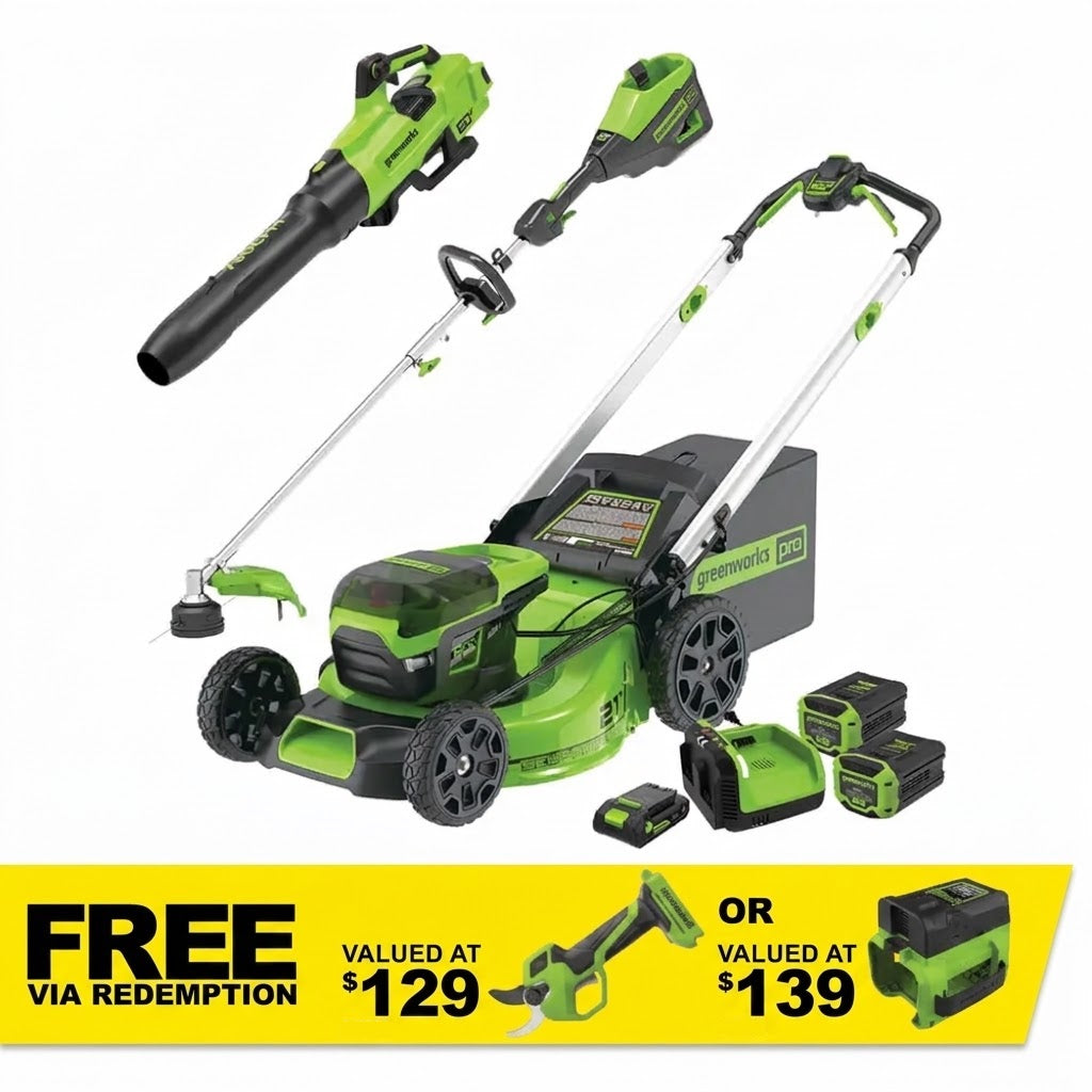GREENWORKS 60V Pro Brushless HD Self-Propelled Lawnmower 51cm (21”) String Trimmer, Axial Blower 6.0Ah/4.0Ah/24V 2.0Ah Battery & Fast Charger Ultimate Start Up Kit CKM031A1 - FREE REDEMPTION KIT