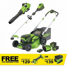 Load image into Gallery viewer, GREENWORKS 60V Pro Brushless HD Self-Propelled Lawnmower 51cm (21”) String Trimmer, Axial Blower 6.0Ah/4.0Ah/24V 2.0Ah Battery &amp; Fast Charger Ultimate Start Up Kit CKM031A1 - FREE REDEMPTION KIT