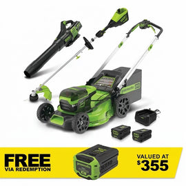 GREENWORKS 60V Pro Brushless Self-Propelled Lawnmower 51cm (21”), Axial Blower, String Trimmer, 4.0Ah/6.0Ah Battery & Fast Charger Ultimate Start Up Kit 1307307AUVT - FREE REDEMPTION KIT