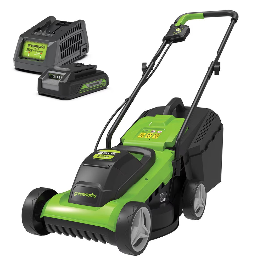 GREENWORKS 24V Lawnmower 32cm (12.6”) 2.0Ah Battery & Charger Kit