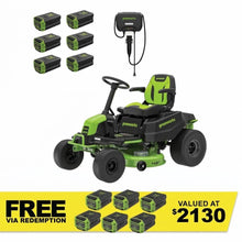 Load image into Gallery viewer, GREENWORKS 60V GEN1.5 Pro Electric Ride-on Lawnmower with 6x 8.0Ah Battery &amp; 1x Rapid Wall Charger Kit - 42" Cut 7405607AU - FREE REDEMPTION KIT