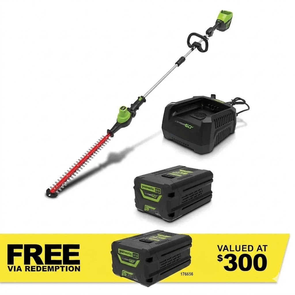 GREENWORKS 60V Pro Pole Hedge Trimmer 50cm (2.4m Reach) and 4.0Ah Battery Kit 2301207AU - FREE REDEMPTION KIT