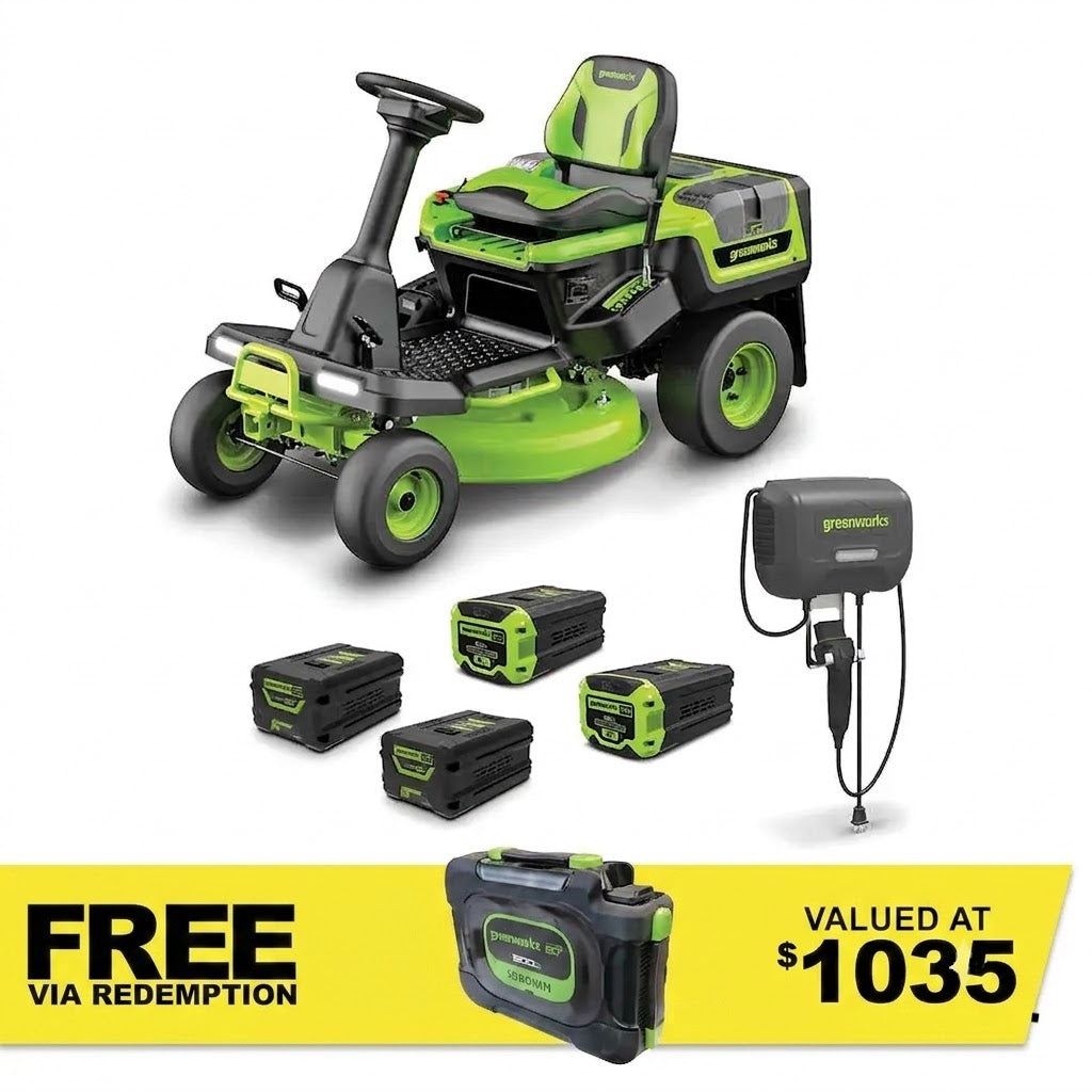 GREENWORKS 60V Lawn Tractor Rear Catcher Electric Riding Mower with 2x 4.0Ah/ 2x 8.0Ah Batteries & Wall-Mounted Rapid Charger Kit - 30