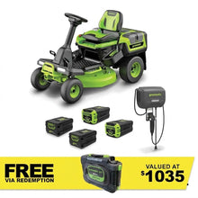 Load image into Gallery viewer, GREENWORKS 60V Lawn Tractor Rear Catcher Electric Riding Mower with 2x 4.0Ah/ 2x 8.0Ah Batteries &amp; Wall-Mounted Rapid Charger Kit - 30" Cut 7404907AU  - FREE REDEMPTION KIT