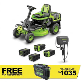GREENWORKS 60V Lawn Tractor Rear Catcher Electric Riding Mower with 2x 4.0Ah/ 2x 8.0Ah Batteries & Wall-Mounted Rapid Charger Kit - 30