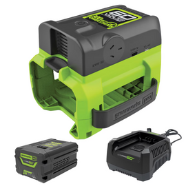 GREENWORKS 60V power inverter with a 4.0Ah battery and charger.