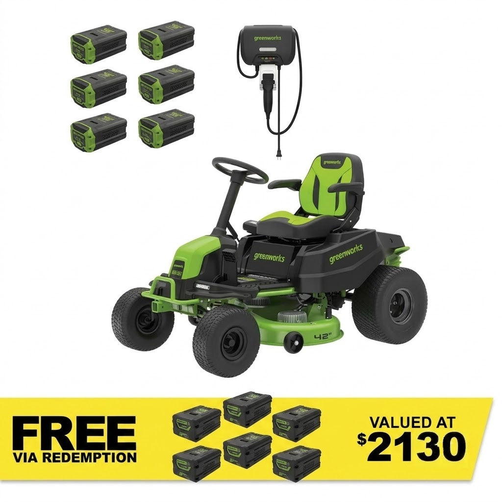 GREENWORKS 60V GEN1.5 Pro Electric Ride-on Lawnmower with 6x 8.0Ah Battery & 1x Rapid Wall Charger Kit - 42" Cut 7405607AU - FREE REDEMPTION KIT