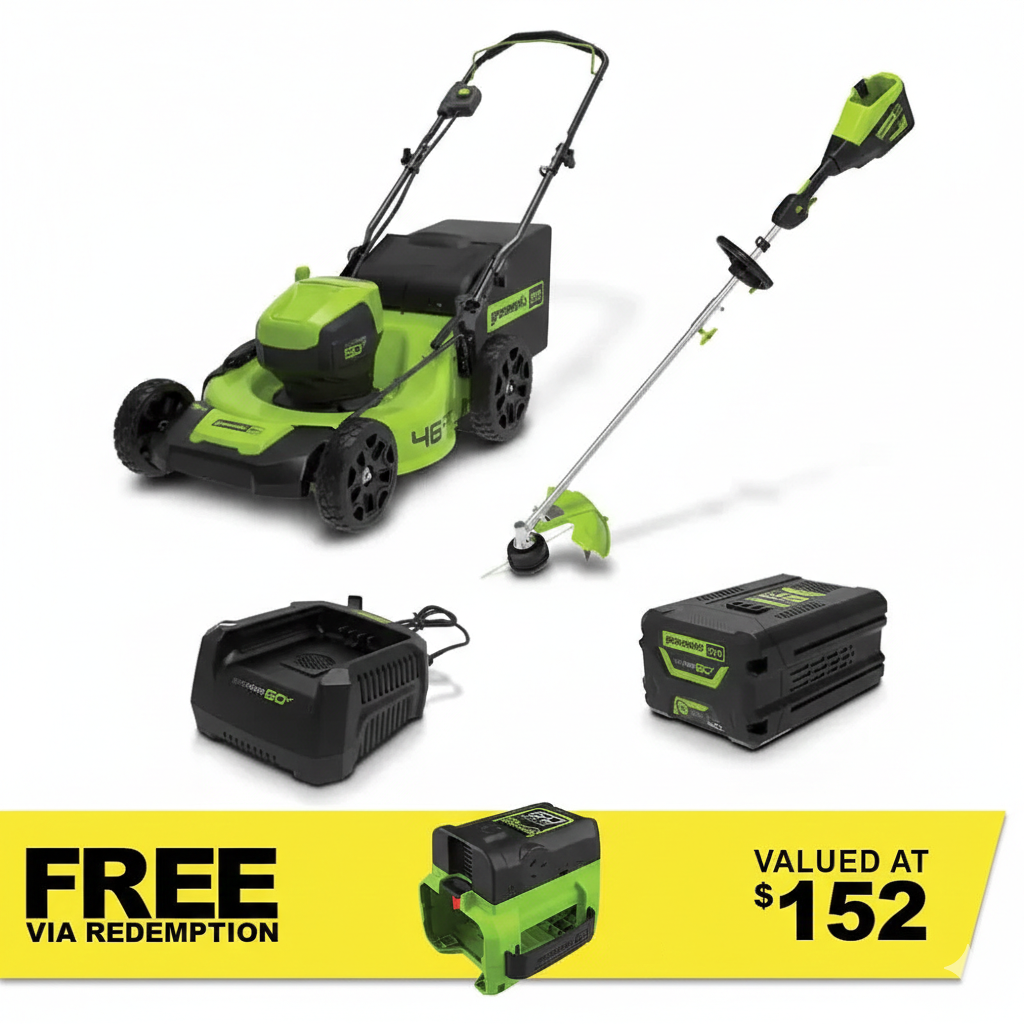 GREENWORKS 60V Pro Brushless Lawnmower 46cm (18”), Multi-tool String Trimmer, 4.0Ah Battery & Charger Kit 1305907AU - FREE REDEMPTION KIT