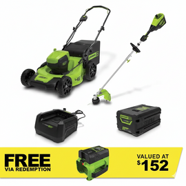 GREENWORKS 60V Pro Brushless Lawnmower 46cm (18”), Multi-tool String Trimmer, 4.0Ah Battery & Charger Kit 1305907AU - FREE REDEMPTION KIT