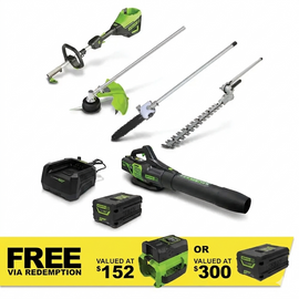 GREENWORKS 60V Pro Straight Shaft String Trimmer Skin, Axial Blower, Hedge Trimmer/Pole Saw Attachment 4.0Ah Battery & Charger Kit 1305707A - FREE REDEMPTION KIT