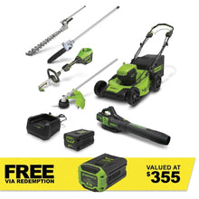 Load image into Gallery viewer, GREENWORKS 60V Pro Brushless Self-Propelled Lawnmower 46cm (18”), Axial Blower, String Trimmer and Hedge Trimmer + Polesaw Attachment, 4.0Ah Battery &amp; Charger Ultimate Bonus Kit 1305807AU - FREE REDEMPTION KIT