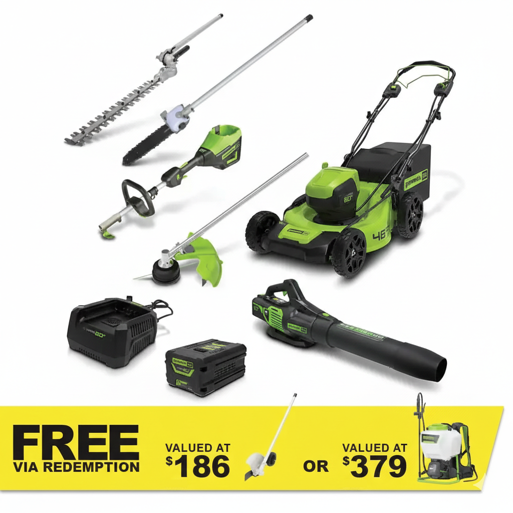 GREENWORKS 60V Pro Brushless Self-Propelled Lawnmower 46cm (18”), Axial Blower, String Trimmer and Hedge Trimmer/Polesaw Attachment, 4.0Ah/2.0Ah Battery & Charger Ultimate Bonus Kit 1305807AU- FREE REDEMPTION KIT