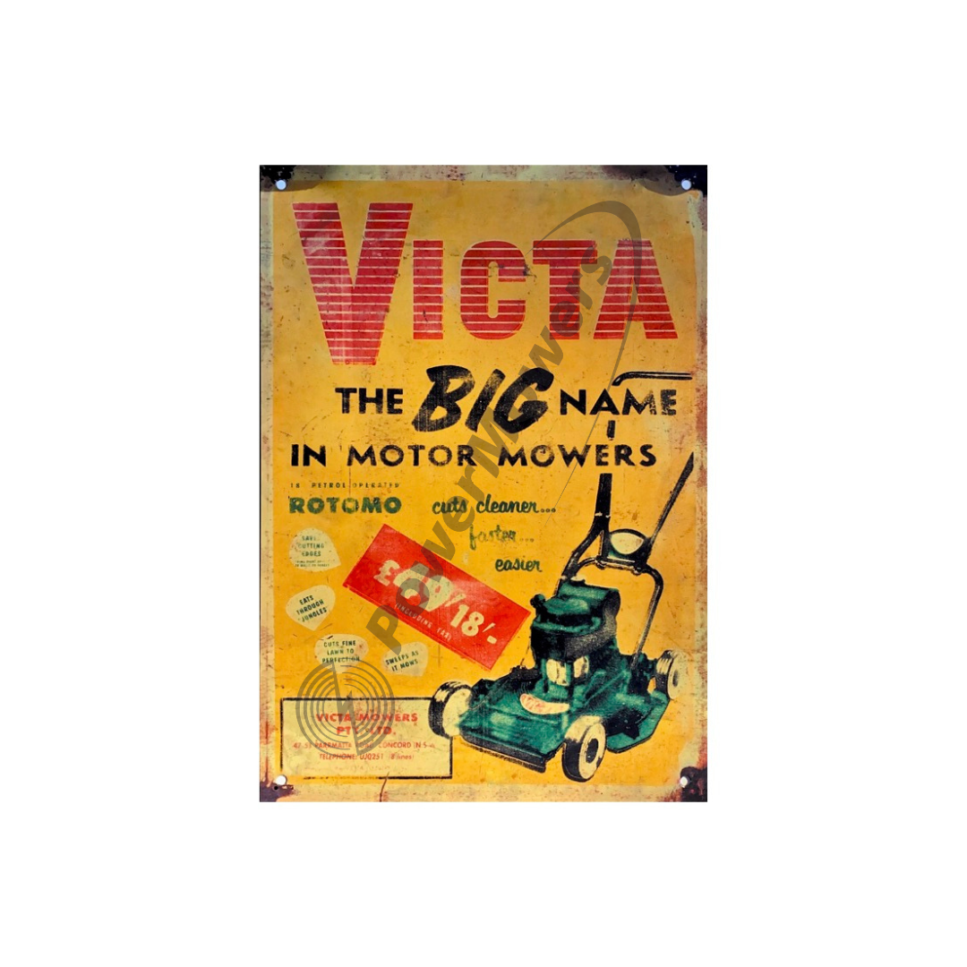 Victa 18 'The Big Name' 1950's Rotomo A4 Metal Reproduction Sale Banner Sign