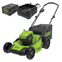 Load image into Gallery viewer, GREENWORKS 60V Pro Brushless Push Lawnmower 46cm (18”) 6.0Ah Battery &amp; Charger Kit