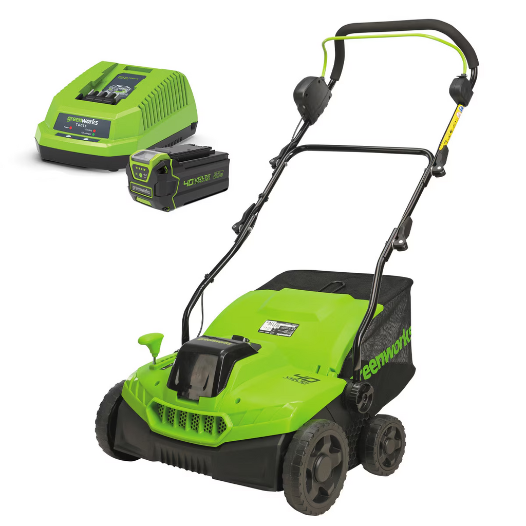 GREENWORKS 40V Brushless Lawn Dethatcher Scarifier 4.0Ah Battery & Charger Kit